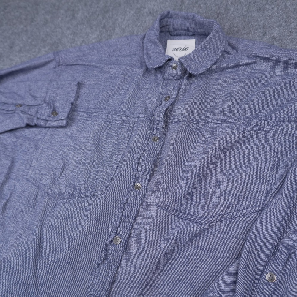 Aerie Button Down Shirt Women XS Blue Heathered Oversized Long Sleeve Pocket
